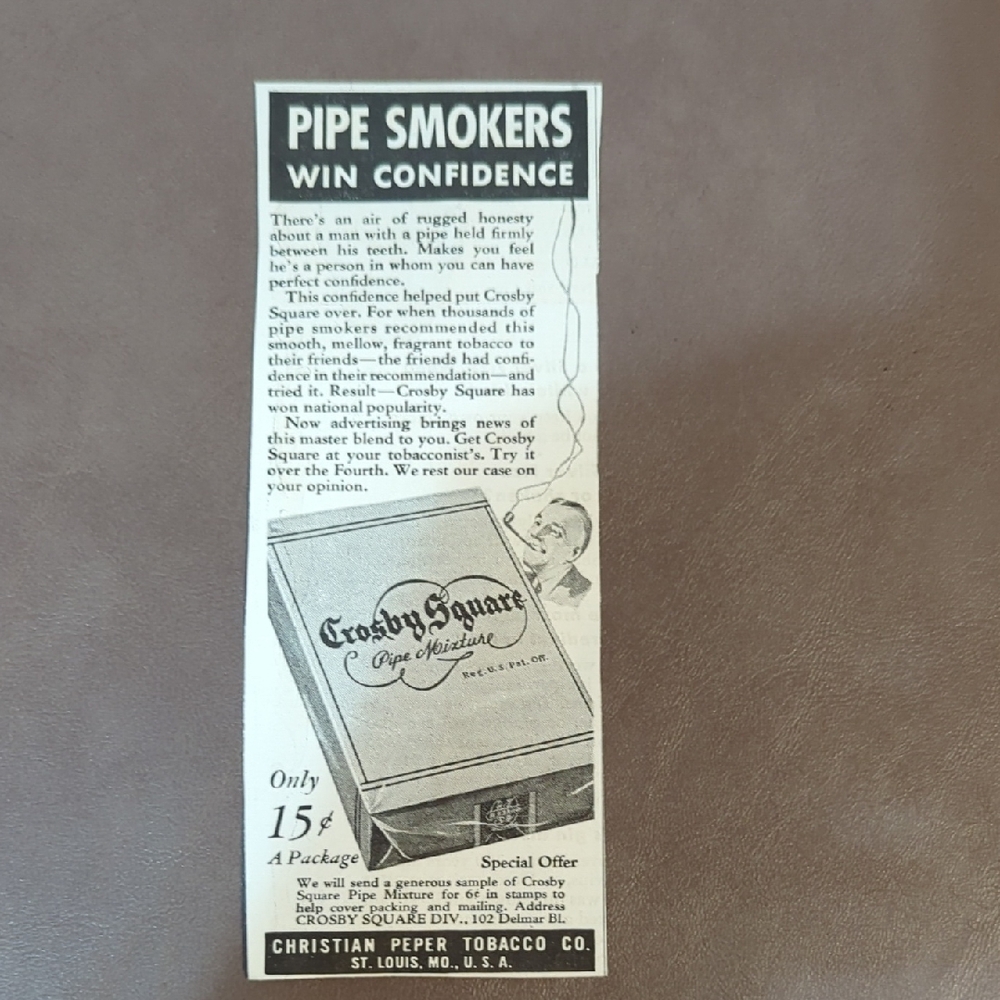 1930's St Louis Crosby Square Pipe Mixture Tobacco Advertisement Ephemera Print